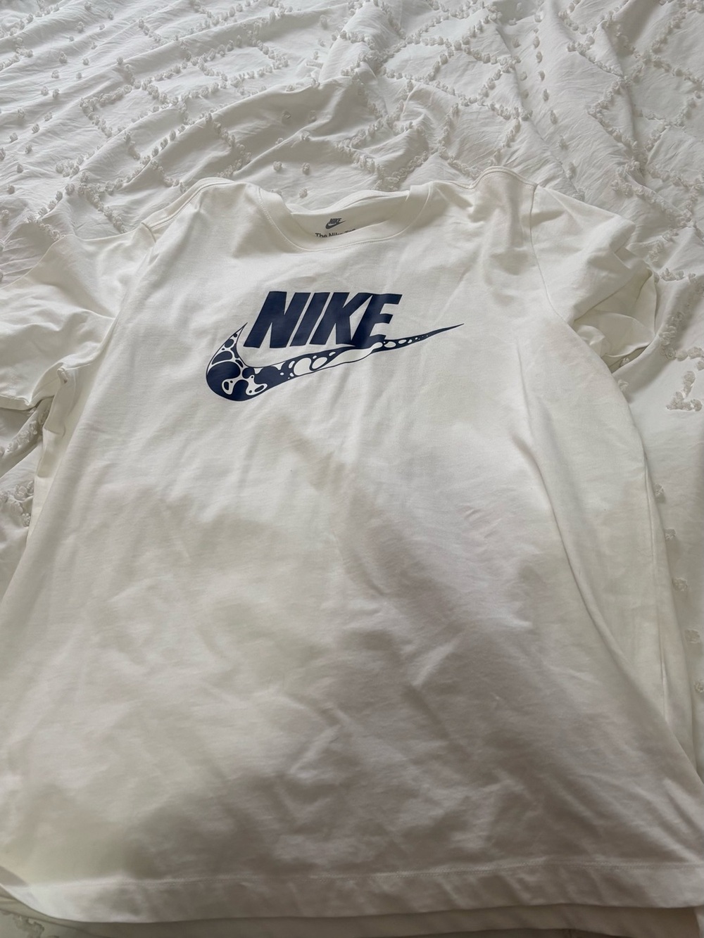 Nike White Short Sleeve T-Shirt with Navy Graphic Swoosh